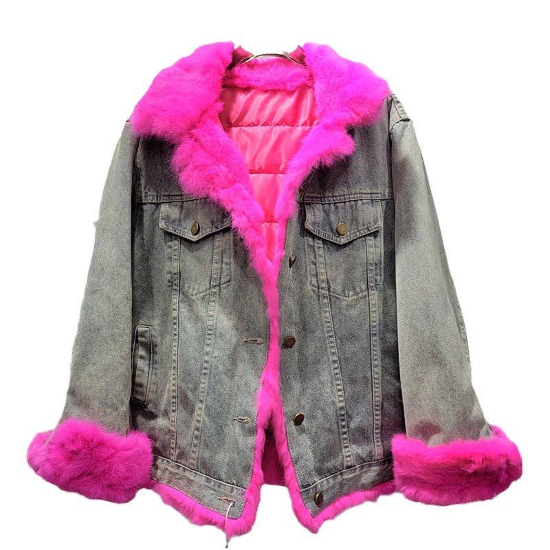Sanyao Fashion - Wholesale Fur/Faux Fur Coat - Women's - M268 Winter Contrast Stitching Denim Loose Fur Cotton Coat3