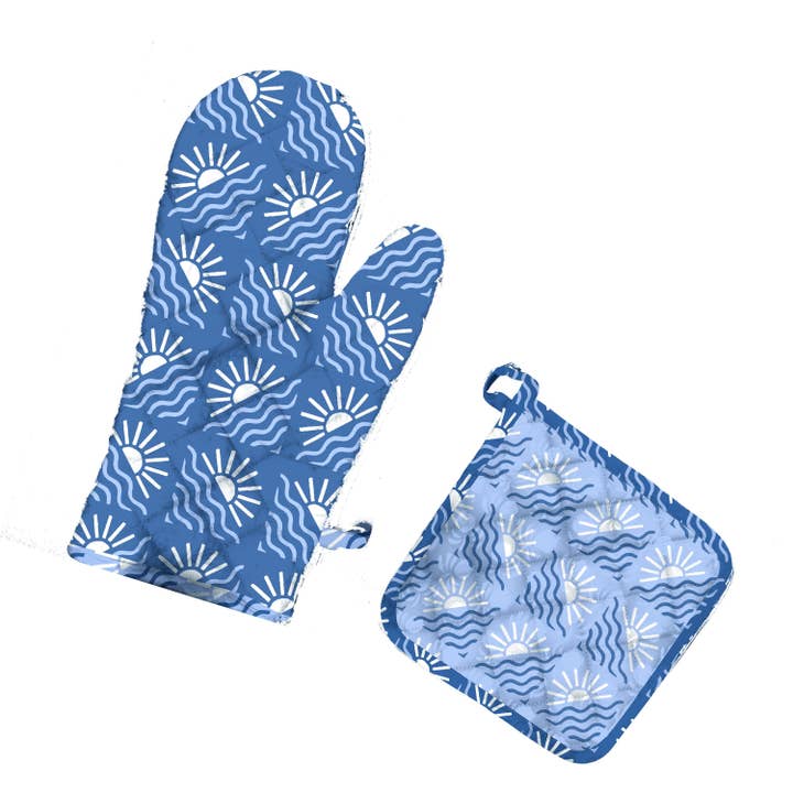 Pre-Sale Hand Block Printed Ovenmitt And Pot Holder Set-Blue Sunset for wholesale by Supra Endura
