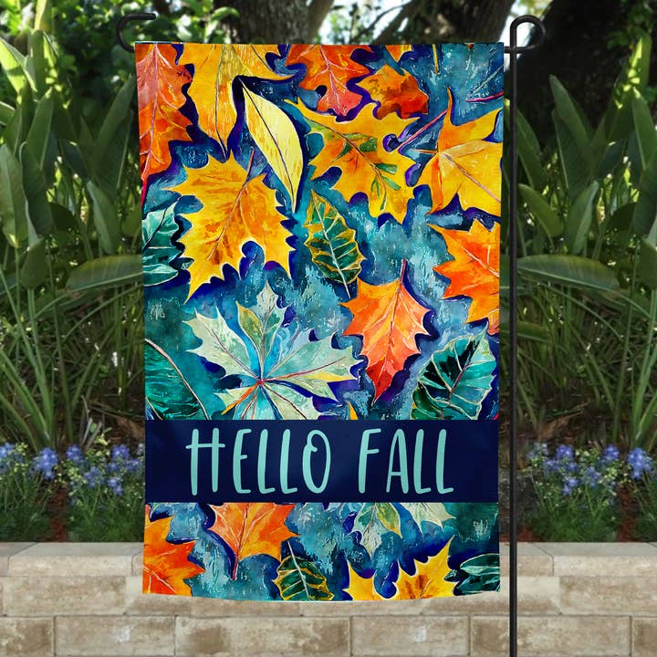 Garden Flag - Hello Fall Blue Leaves Decor for wholesale by The Spotted Zebras