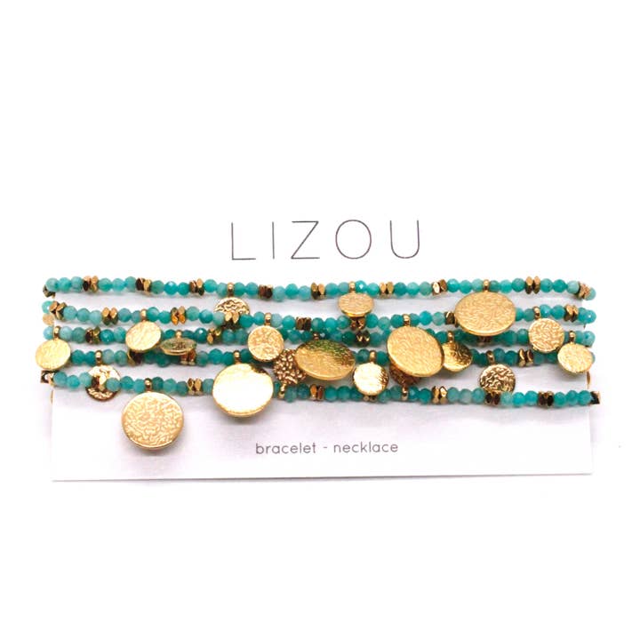 Museum Style Amazonite Necklace or Bracelet with 24K Gold Plate Charms for wholesale by LIZOU