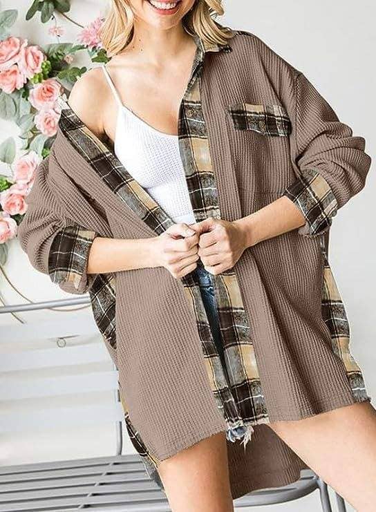 Queen Fashion – wholesale Jacket – Women's – sleeve top melliflo waffle knit plaid shacket13