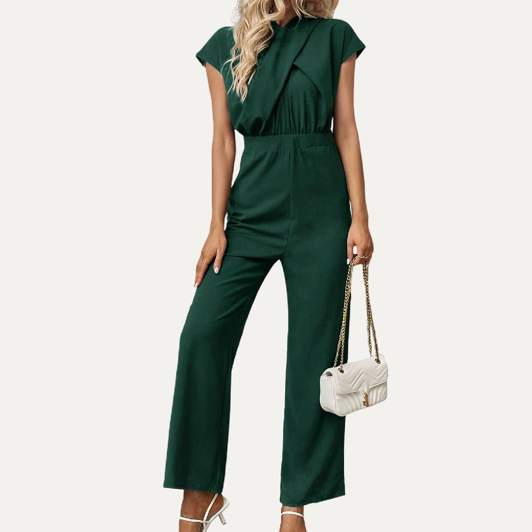 Shero Dark Green Solid Cross-Front Cap Sleeve Jumpsuit for wholesale on Faire5
