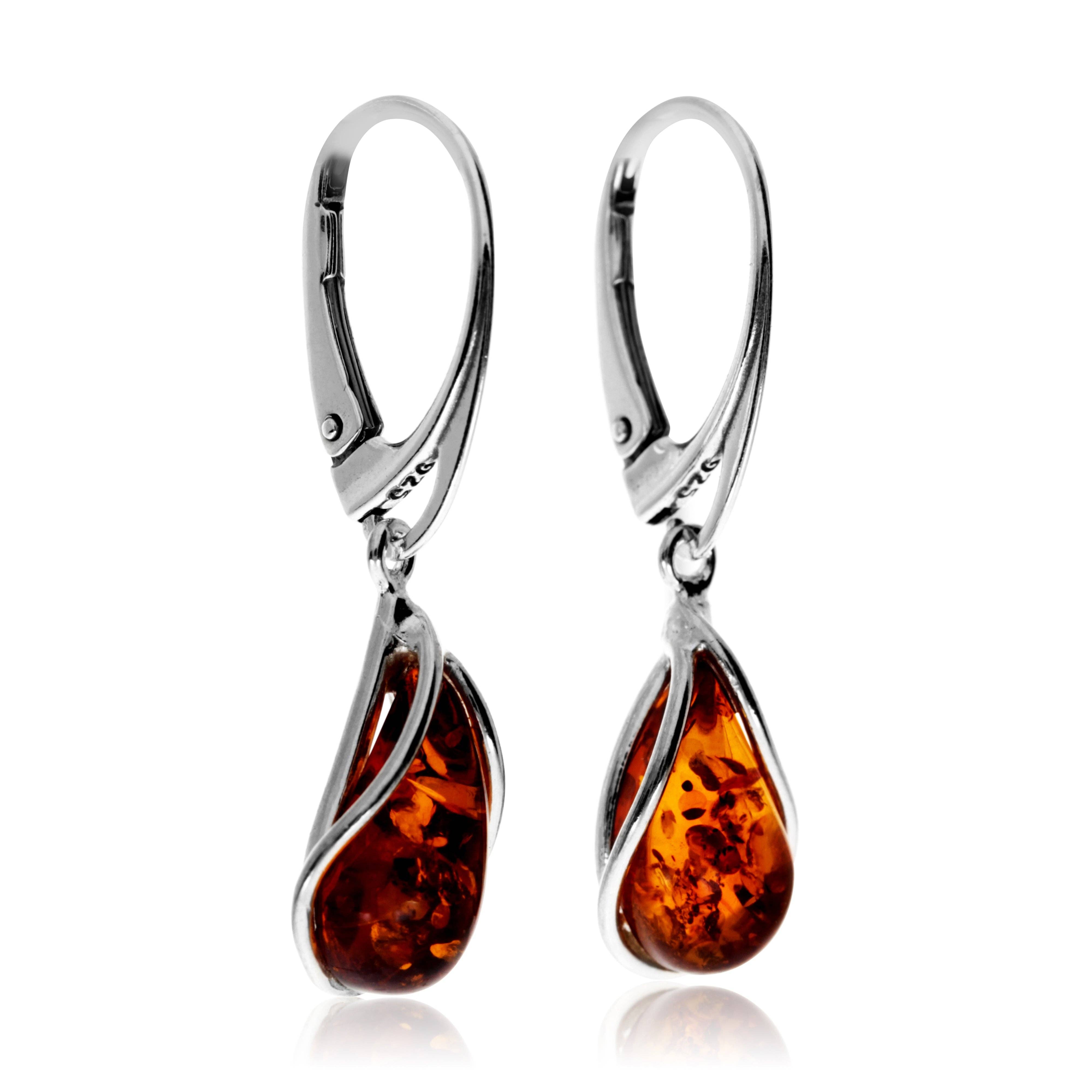 SilverAmber Jewellery – Brincos de argola por atacado – Brincos Modernos em Prata de 1ª Lei 925 e Âmbar Báltico Modernos em Lágrima /Pendente - G0293