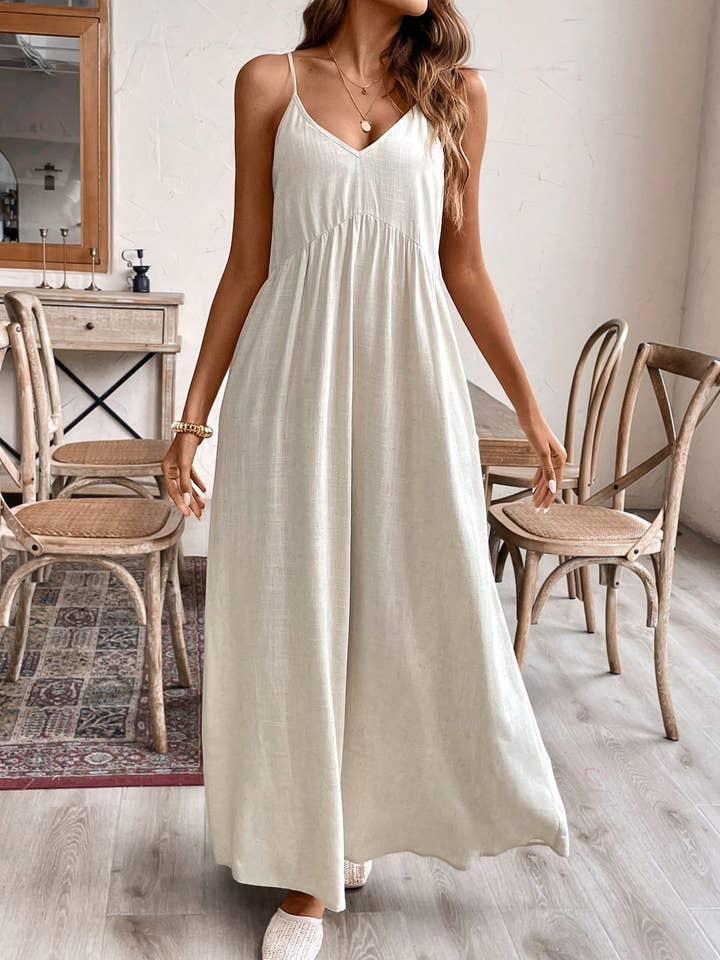 beige Linen blend Scoop Neck Cami dress with bow tie at back for wholesale on Faire