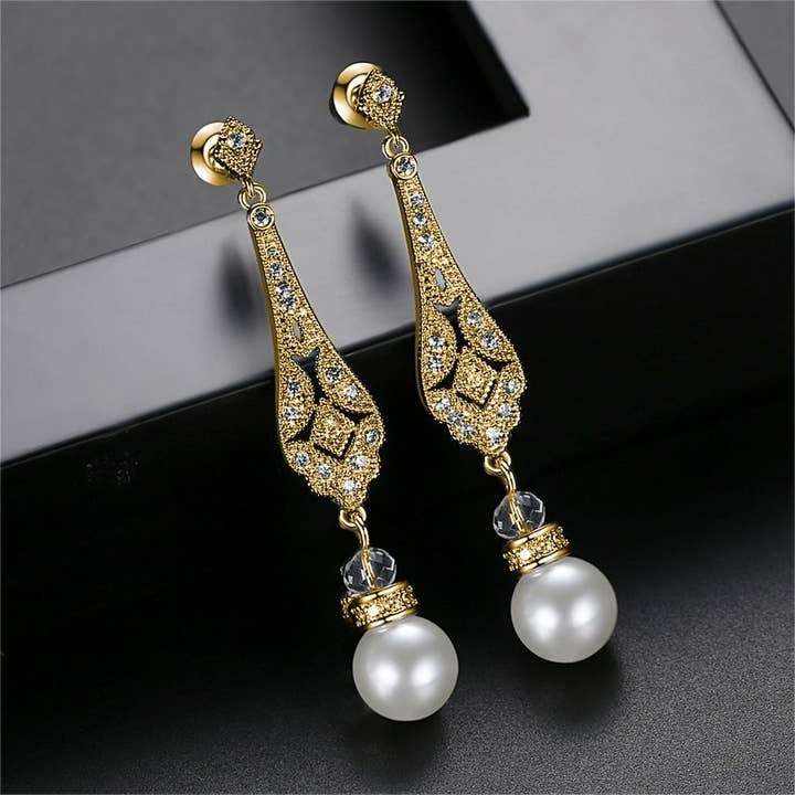 Women Wedding Zircon Jewelry Long Dangle Drop Pearl Earrings for wholesale by Gaia Fashion Inc