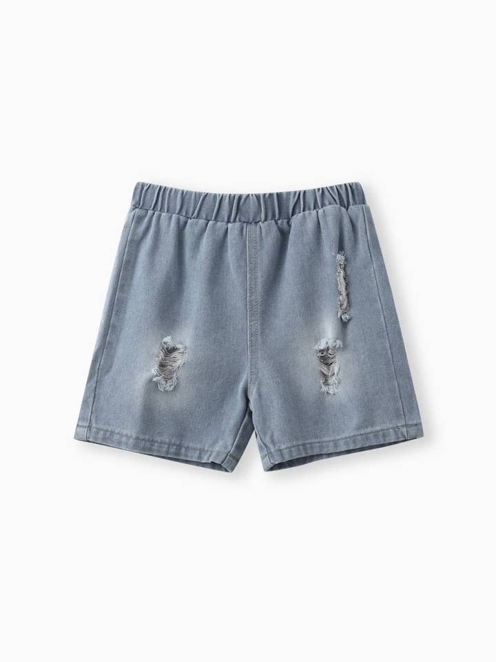 White 2pcs Toddler Boy Car Print T-shirts and Ripped Denim Shorts for wholesale on Faire