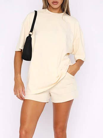 HIDDENBRAND - Wholesale Lounge Set - Women's - Half Sleeve Basic T-shirt 2 Piece shorts Set