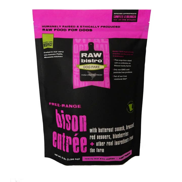 🦬 Raw Frozen Bison Entrée – 3 lb Bag (2 oz Patties) for wholesale by Raw Bistro Pet Fare