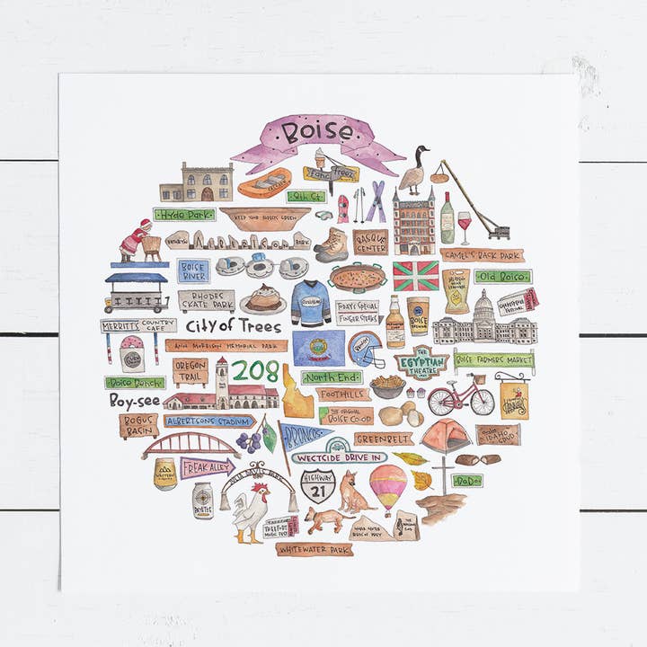 Boise, ID Icon Watercolor Print for wholesale by Green Blanky Studio