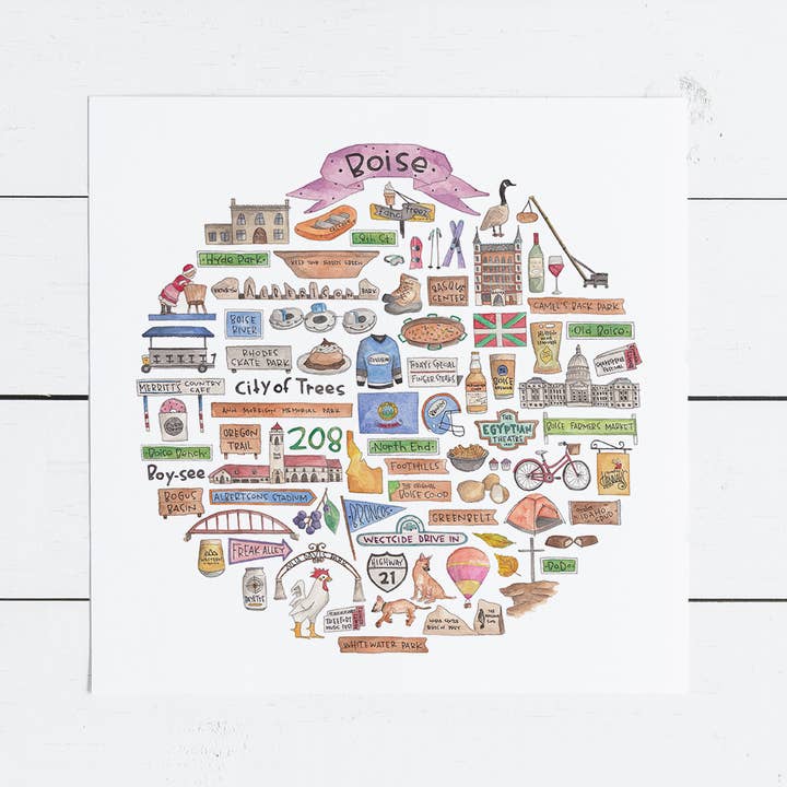 Boise, Icona ID Stampa Acquerello per la vendita all'ingrosso da parte di Green Blanky Studio