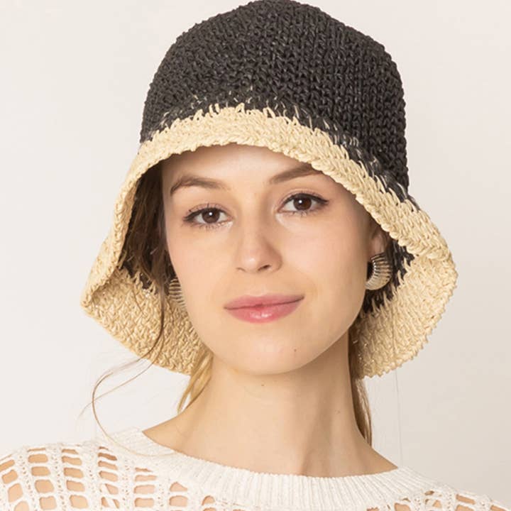 Fashion City - Wholesale Bucket Hat - Women's - Two Tone Color Block Straw Bucket Hat