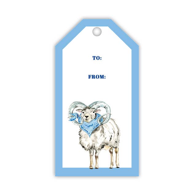 Étiquette cadeau bélier peint à la main avec bandana bleu clair pour la vente par RosanneBeck Collections