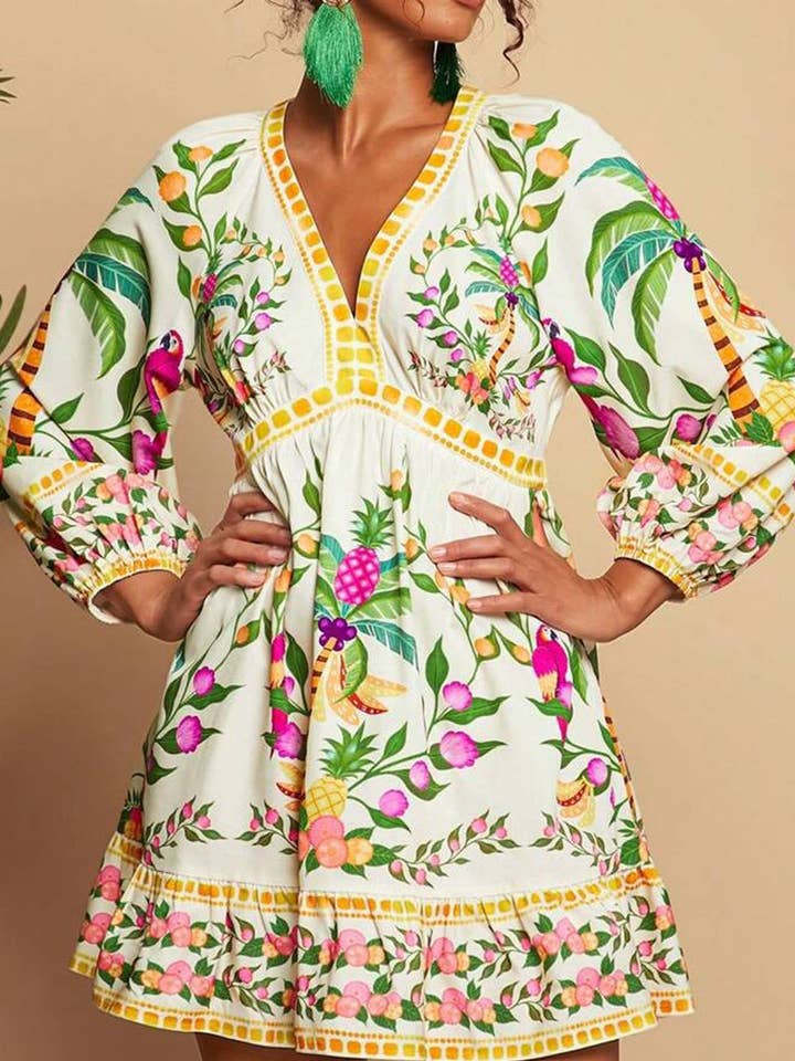 GREEN Tropical Print V-Neck Casual Dress for wholesale on Faire3