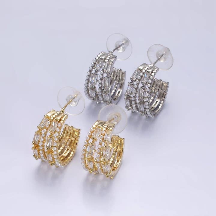 Pendientes de aro en forma de C con perlas baguette de 25 mm rellenos de oro de 14 quilates en oro y plata | AE321 AE322 para venta al por mayor de Aim Eternal