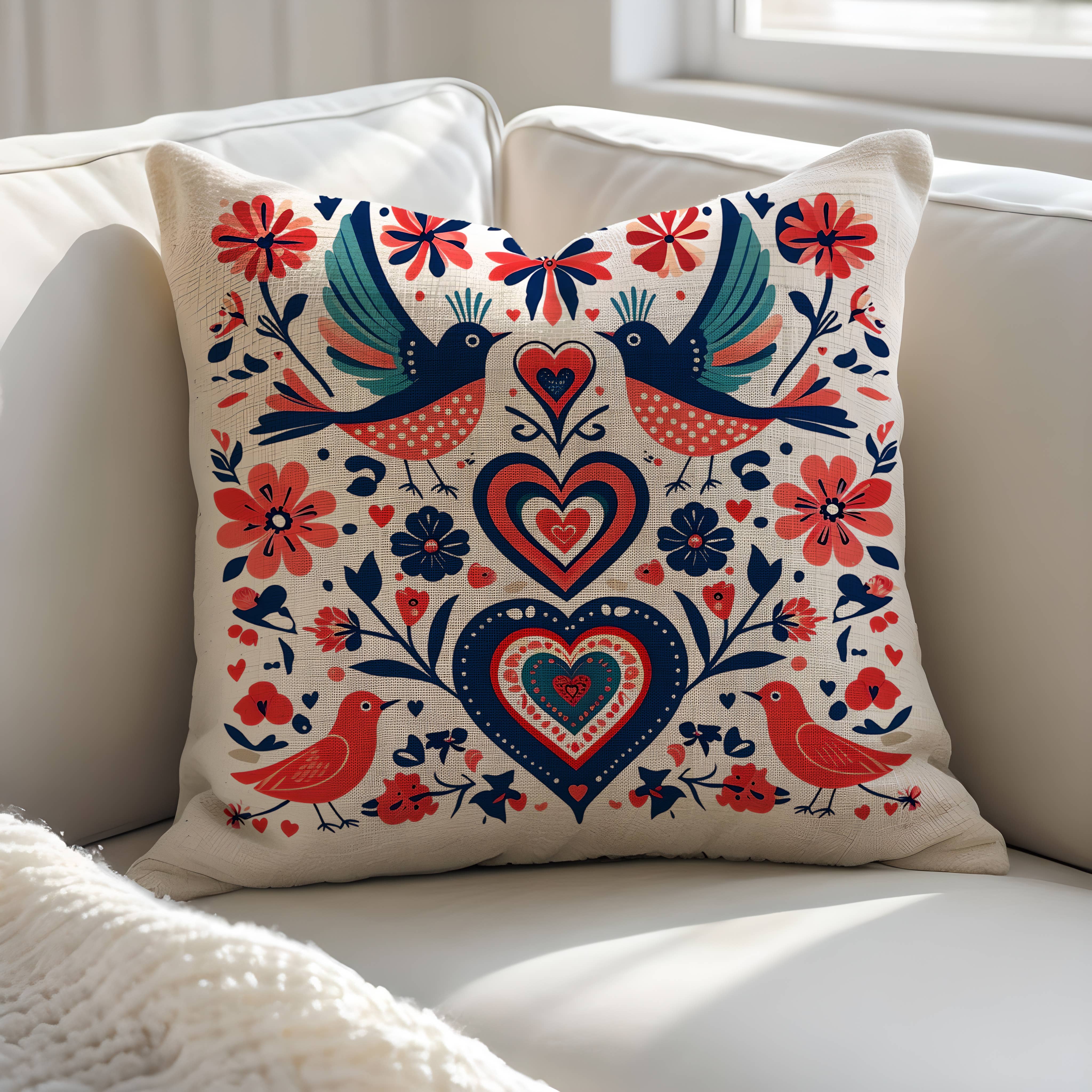 Hills Of Fabric - Wholesale Chair Cushion - Folk Scandinavian Birds Heart Linen Cushion Cover0