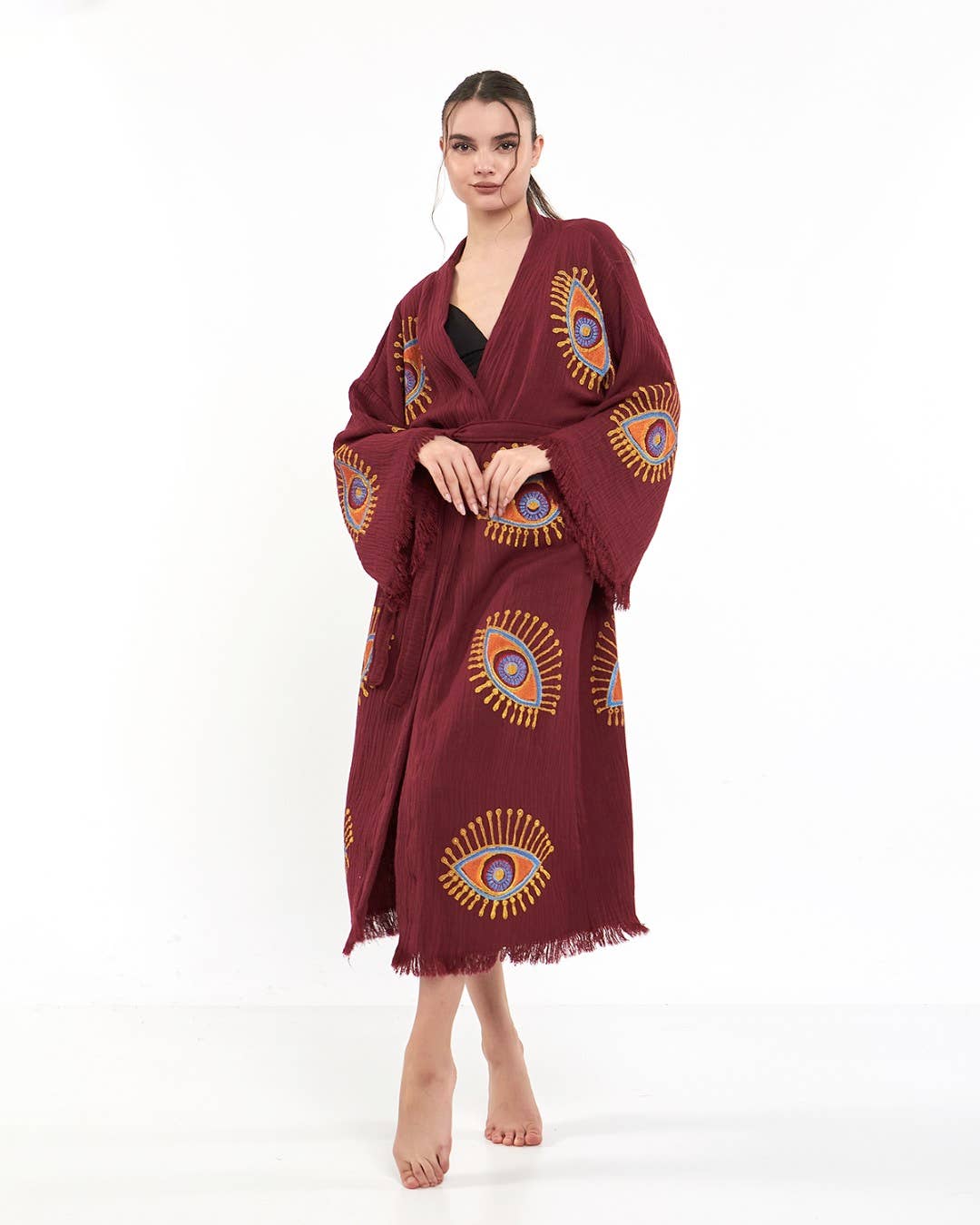 Yaz Concepts - Wholesale Kimono - Women's - Burgundy Evil Eye Print Bathrobe Festival Kimono Robe