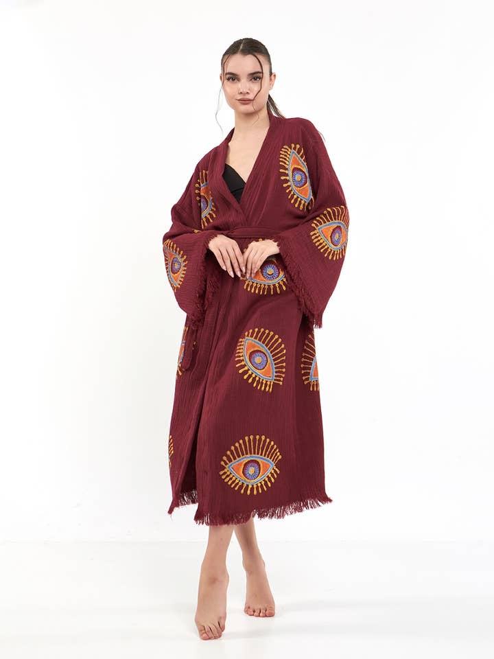 Yaz Concepts - Wholesale Kimono - Women's - Burgundy Evil Eye Print Bathrobe Festival Kimono Robe
