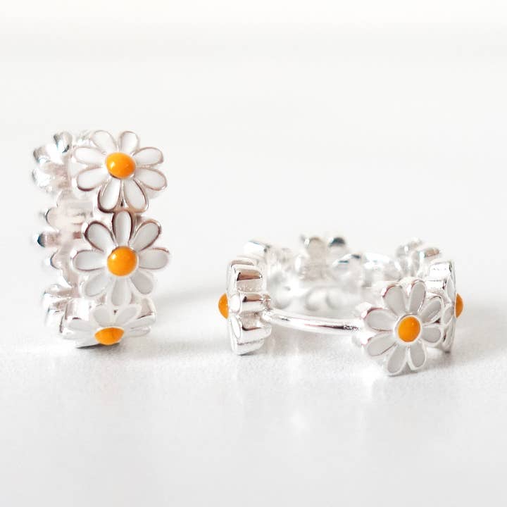 Andromeda Bijoux - Wholesale Huggie Earrings - Enamel Daisy Huggies, 925 Sterling Silver Hoops0