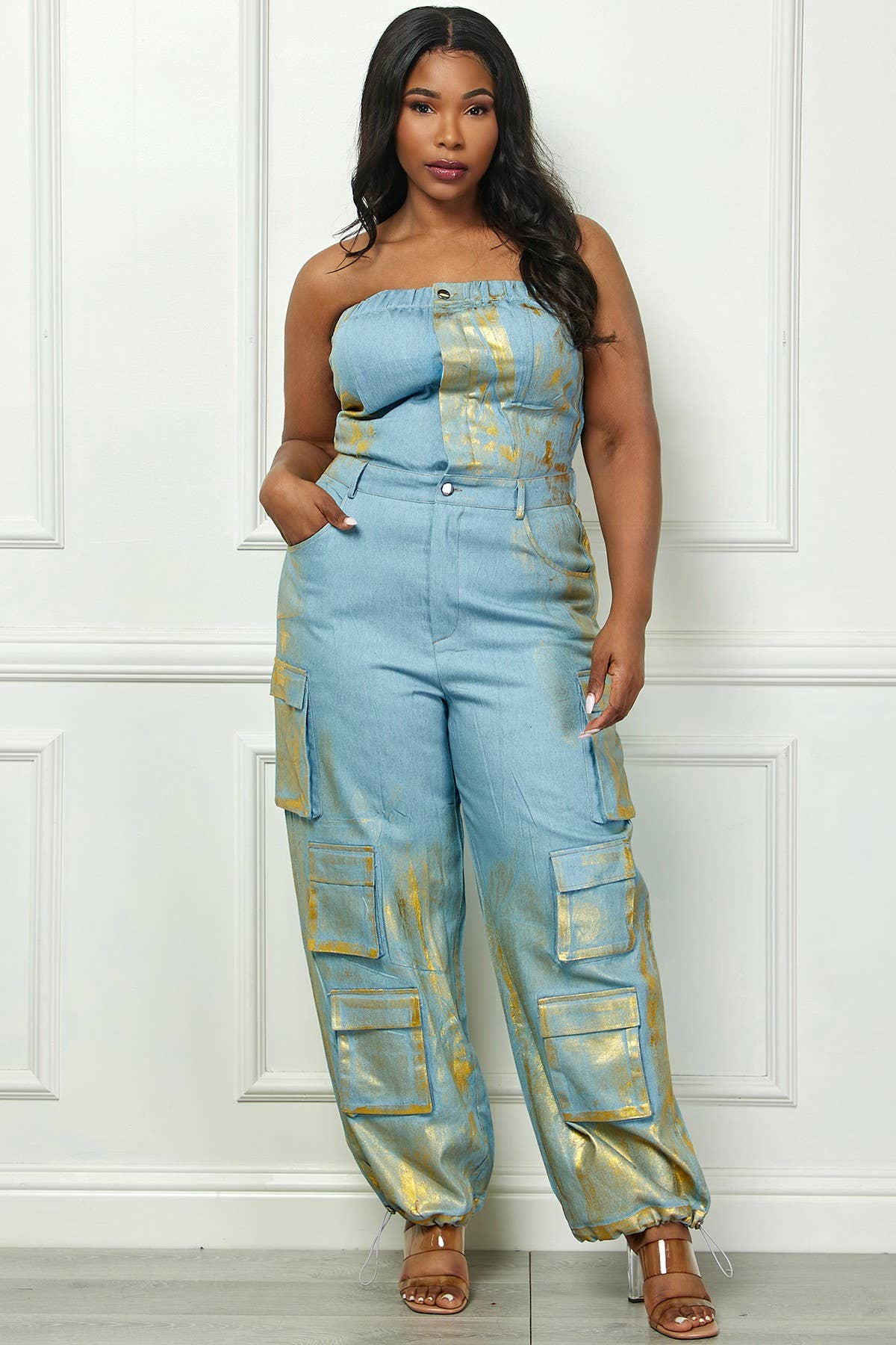 Namatt Design - Venta al por mayor Peto - Mujer - Mono de mezclilla cargo con recubrimiento vintage metálico y top tubo para tallas grandes0