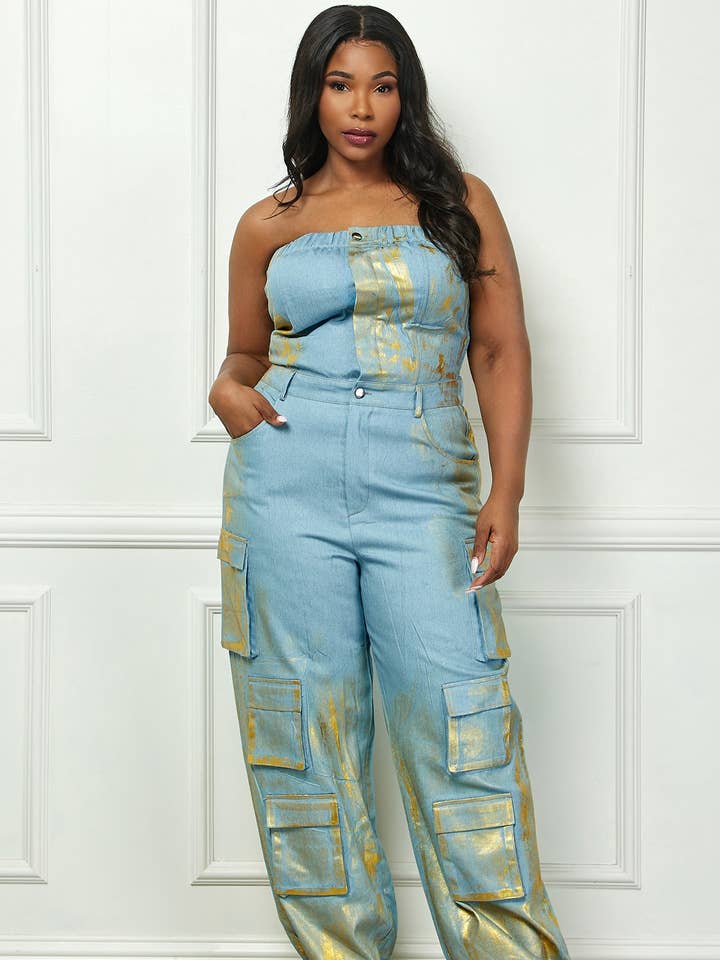 Regular Tube Top Foil Vintage Coating Cargo Denim Jumpsuit for wholesale by Namatt Design