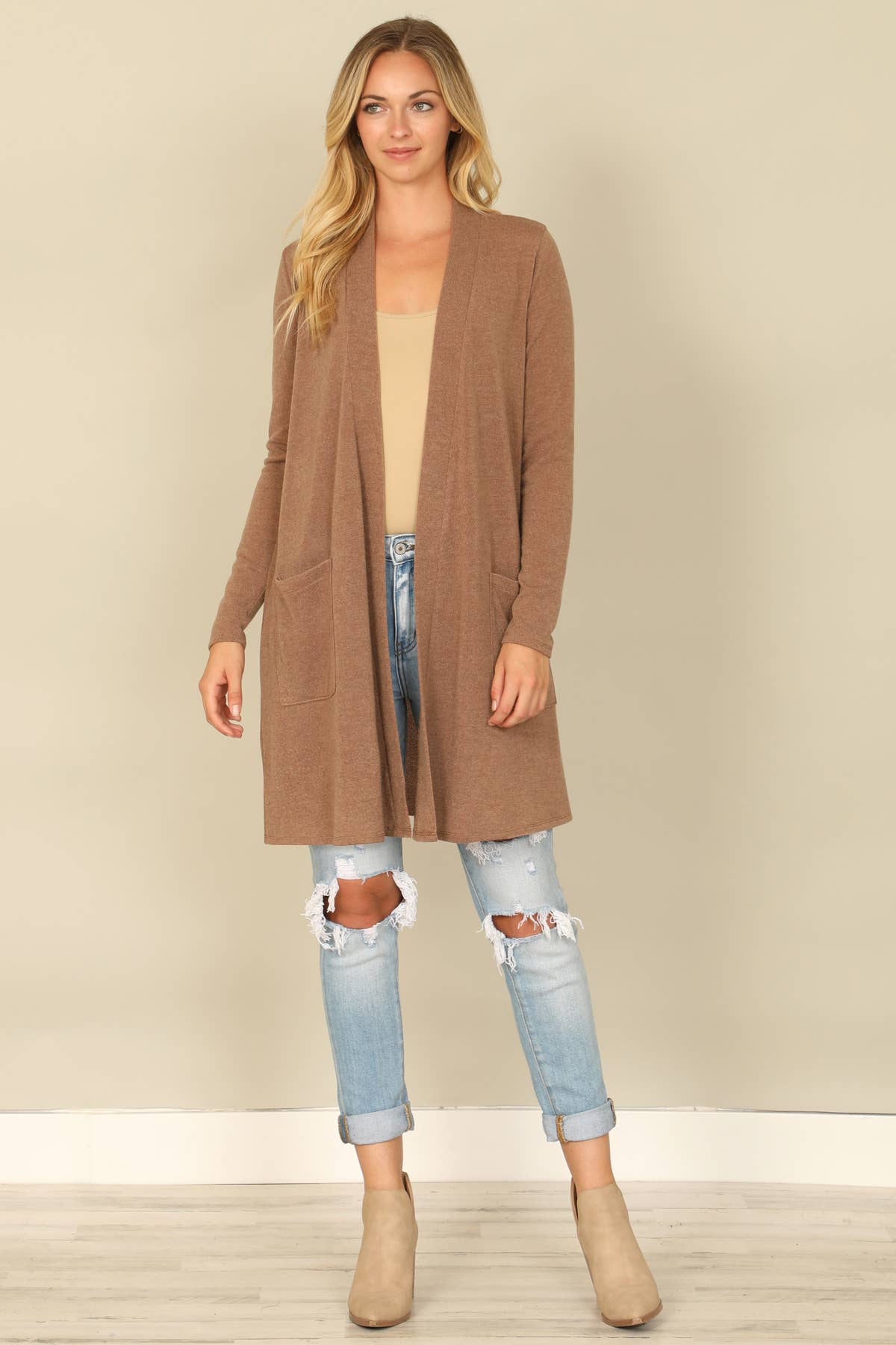 You & Me - Wholesale Cardigan - Women's - YMC30014V-SOLID LONG SLEEVE SIDE POCKET OPEN FRONT CARDIGAN5