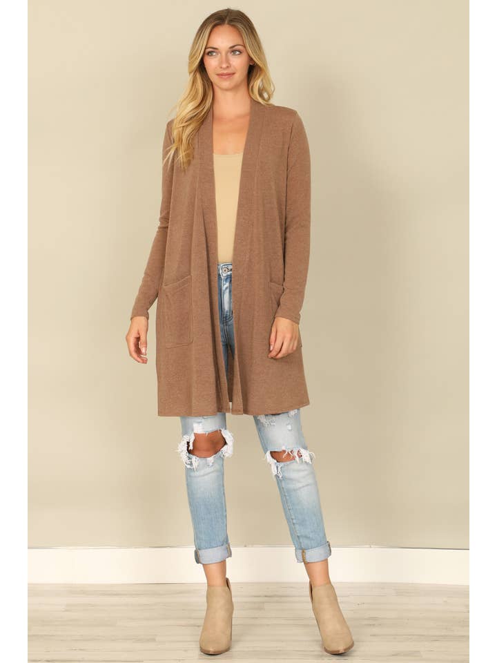 You & Me - Wholesale Cardigan - Women's - YMC30014V-SOLID LONG SLEEVE SIDE POCKET OPEN FRONT CARDIGAN5