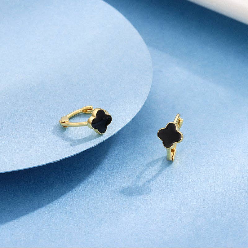 Perimade & Co. LLC - Wholesale Huggie Earrings - Black Four Leaf Clover Hoop Earrings in 925 Sterling Silver0