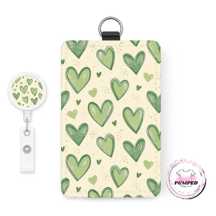 Green Hearts Retractable Badge Reel & I.D. Badge Holder for wholesale by Beyond Pumped