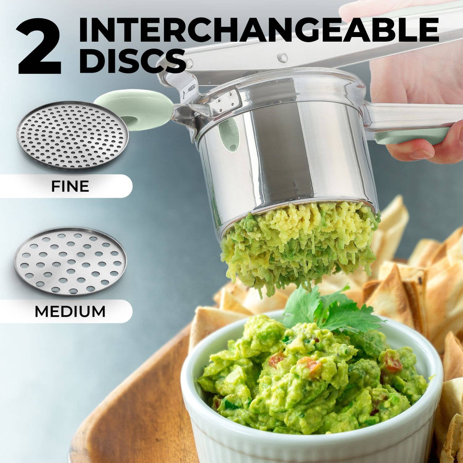 Zulay Kitchen - Venta al por mayor Utensilio/dispositivo de cocina - Prensador de patatas de 15 oz – Acero inoxidable resistente con 2 discos8