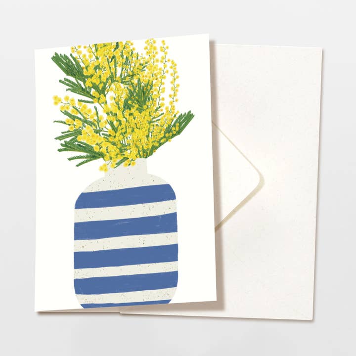 Folded card: blue striped vase with yellow flowers, FSC for wholesale by Wildblumen Atelier