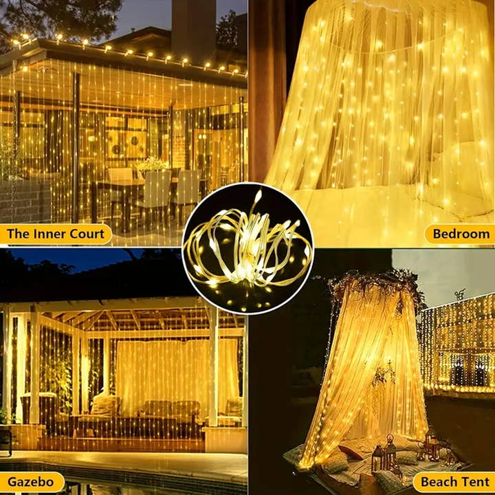 WYW - Wholesale String Lights - Solar Curtain Lights 600 LED Waterfall String Lights 8 Modes Remote Type C Charging Hanging Twinkle Fairy Lights for Christmas Gazebo Party Wedding3