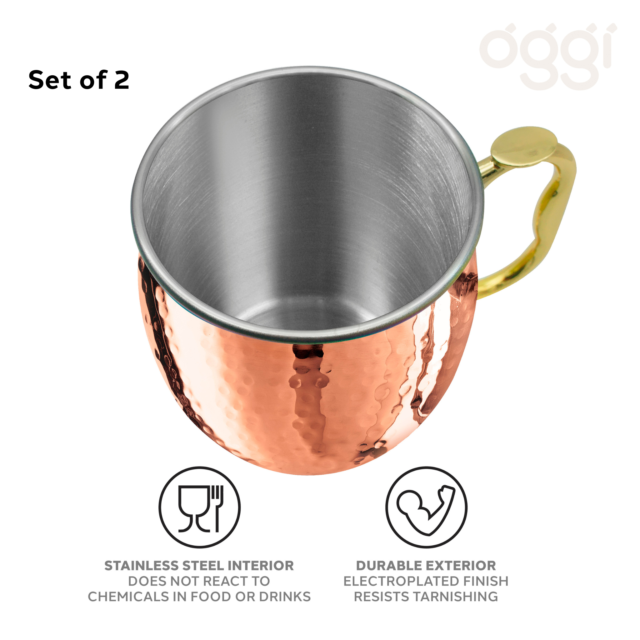 Oggi - Wholesale Cocktail/Liquor Glass - Moscow Mule Mugs - Set of 2 Hammered (530 ml, 18 oz)2