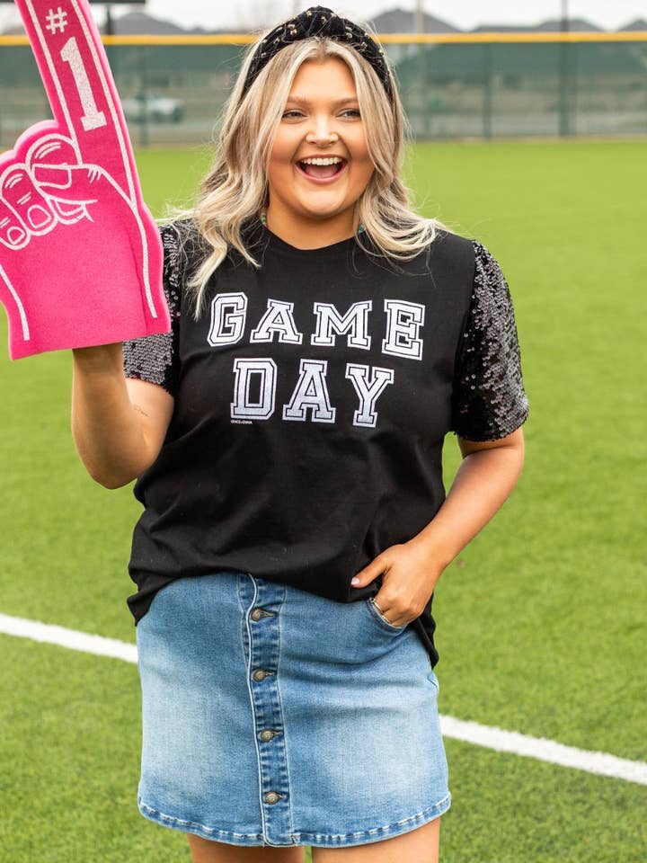 Gameday Silver Glitter on Princess Top, Black for wholesale by GRACE+EMMA by Southern Grace