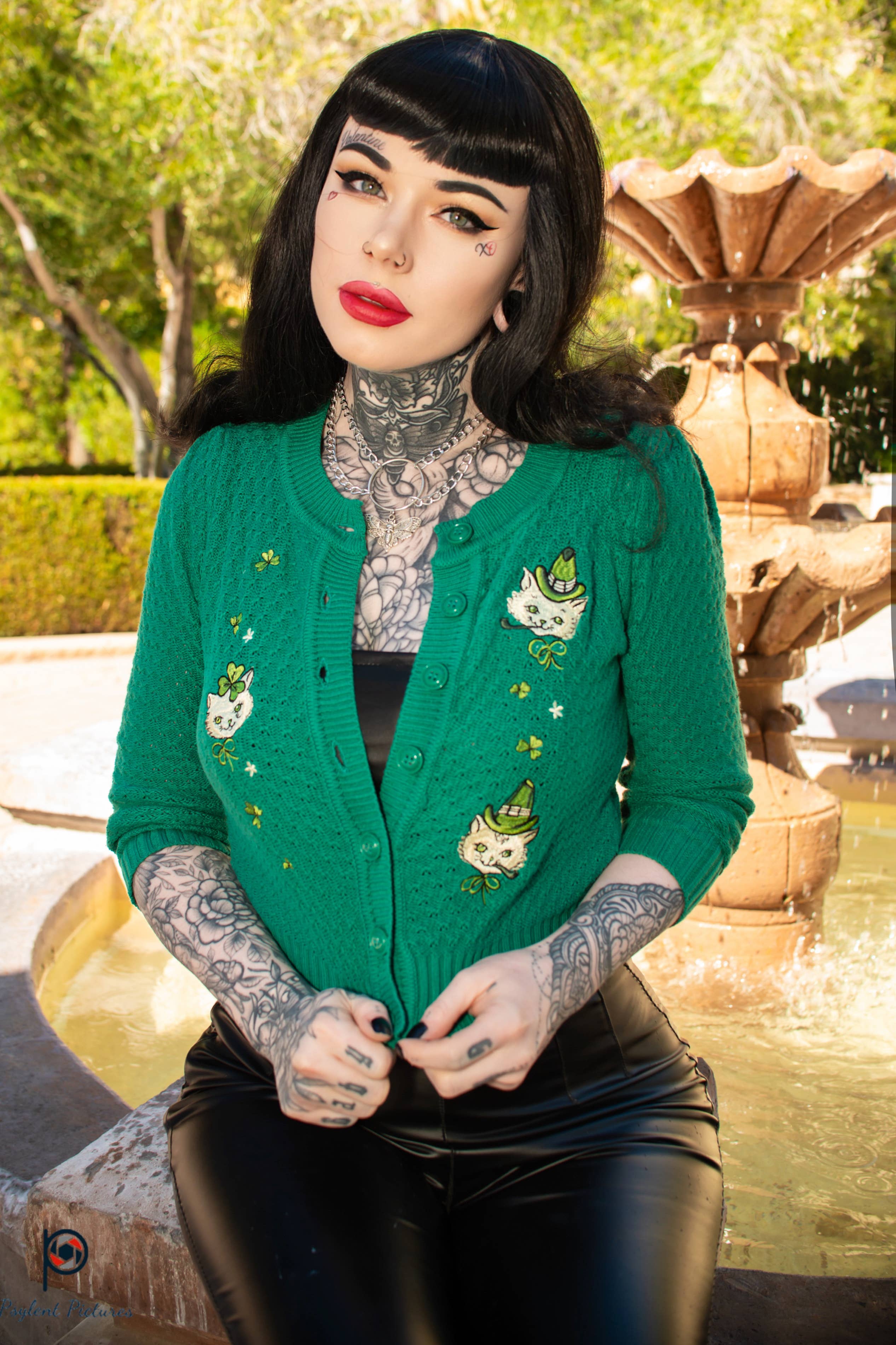 Mischief Made - Wholesale Cardigan - Women's - Paddy Cats Cropped Cardigan in Green1