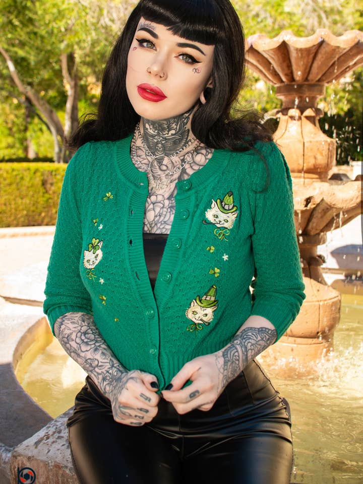 Mischief Made - Wholesale Cardigan - Women's - Paddy Cats Cropped Cardigan in Green1