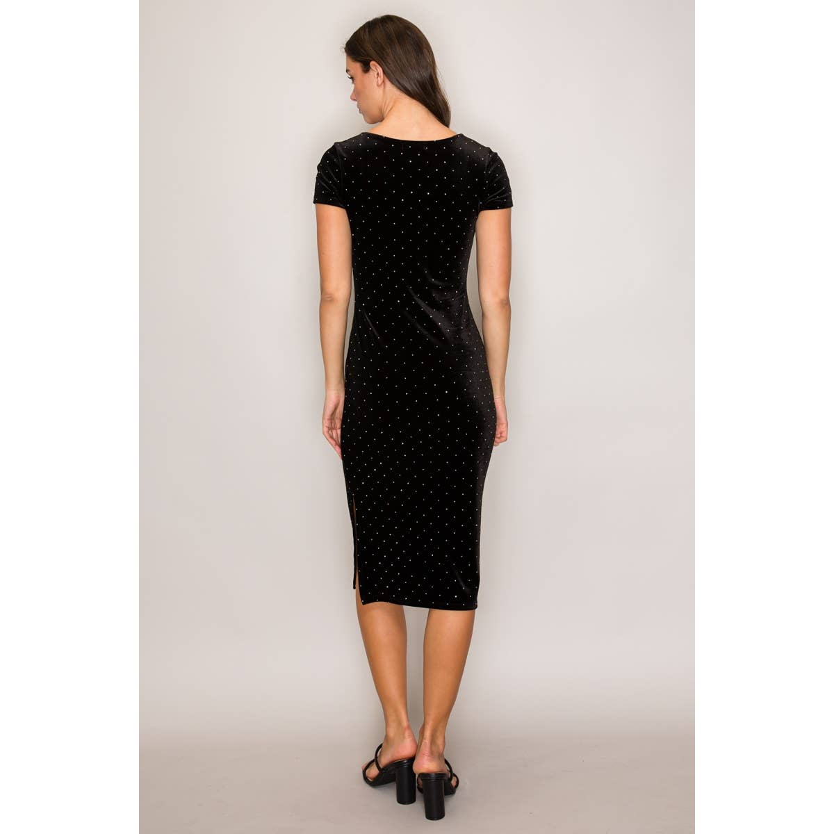 Popular 21 - Wholesale Dress - Women's - Square Neck Short Sleeve Studded Velvet Midi Dress6