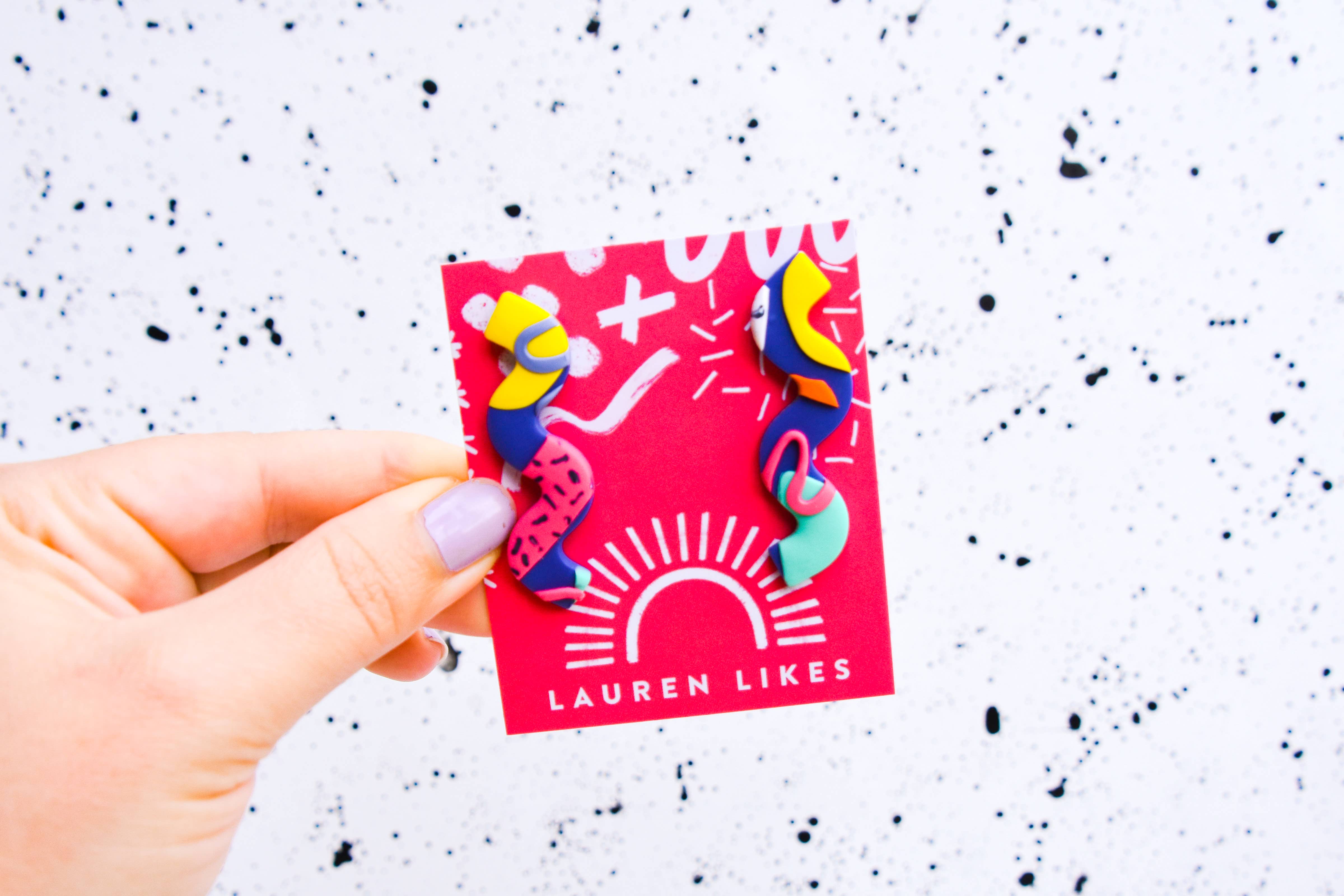 Lauren Likes Art - Wholesale Dangle Earrings - Colorful Squiggle Earring 90s Purple Polymer Clay Wavy Stud2