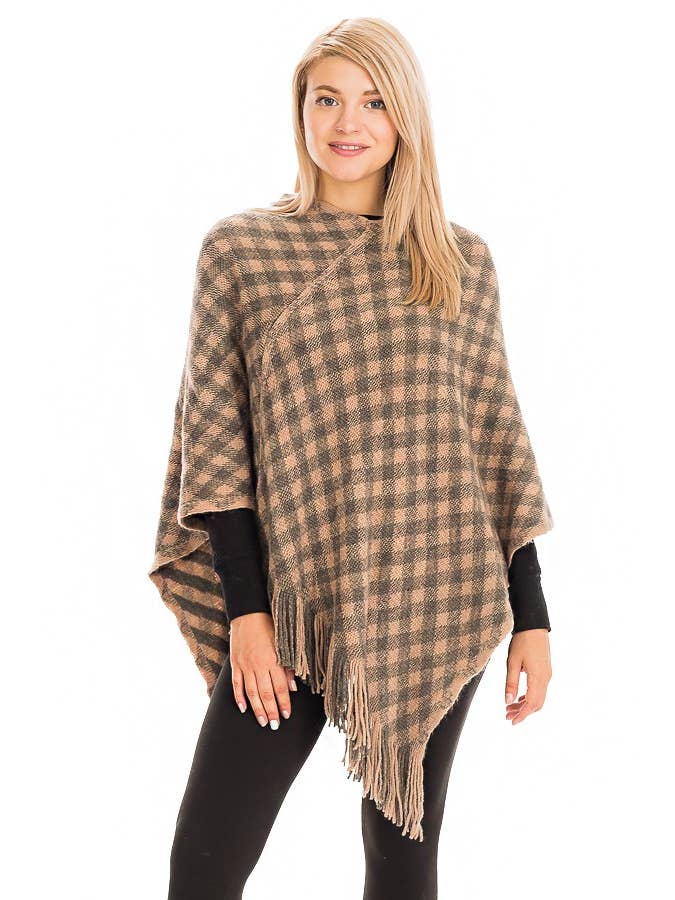 Cap Zone - Wholesale Poncho - Women's - Gingham V-Neck Throw Over Poncho6