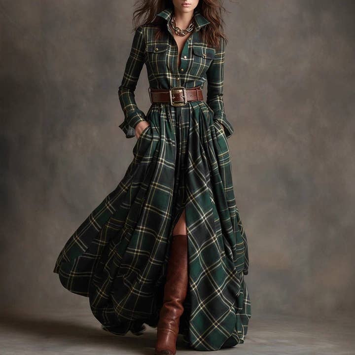 Robe irrégulière à carreaux rétro française grande taille pour femmes pour la vente par Plush Looks