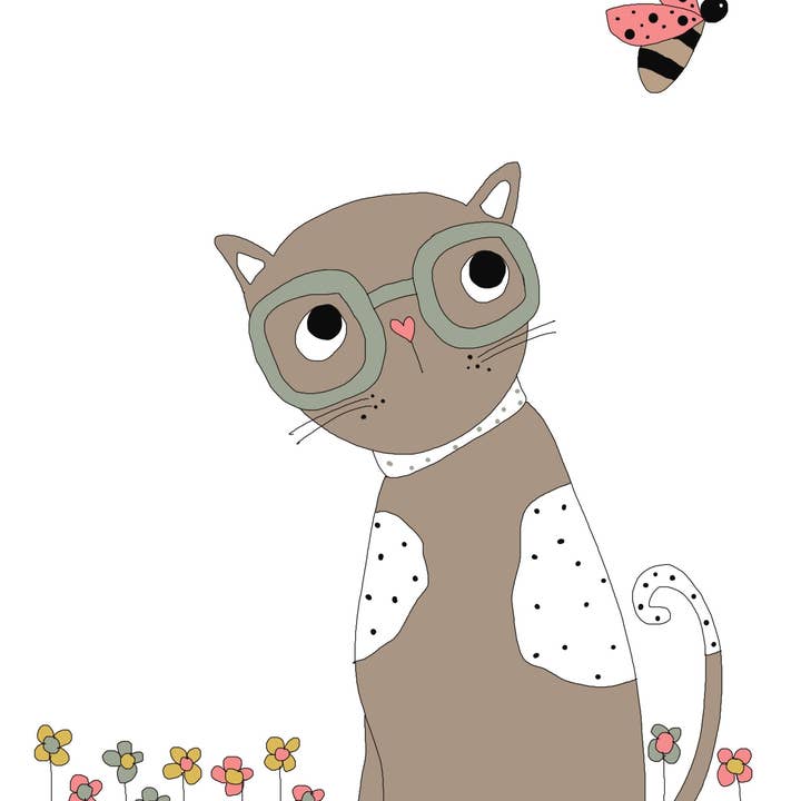 “Pretty Kitty & Ladybug” greeting card for wholesale by Elle Bee Art Studio