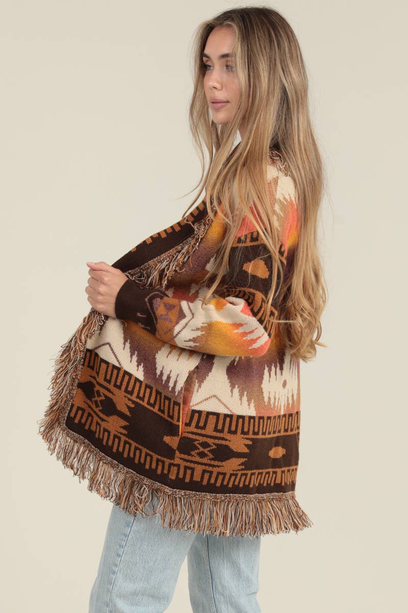 ANGIE - Vendita all'ingrosso Cardigan - Donna - Cardigan con frange e collo a scialle azteco XHS96-ASIS2