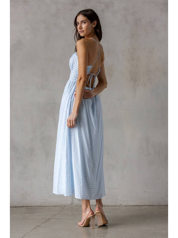 DSJD7605 - BLUE GINGHAM MIDI DRESS for wholesale on Faire