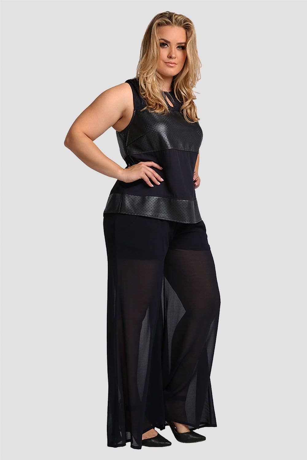 Standards & Practices - Wholesale Pants - Women's - Plus Size Modern Womens Navy Chiffon Elastic Palazzo Pants3