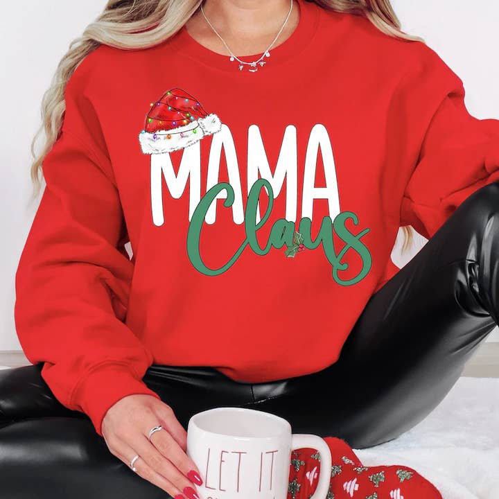 Mama Claus Sweatshirt | Christmas DTF Holiday Sweatshirt for engroshandel hos Southern Comfort Boutique