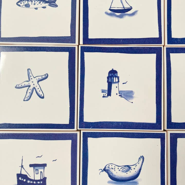 Elspeth Gardner Ceramics - Wholesale Wall Tile - Hand Painted delft style tile Puffer/Fishing boat 2 size opt