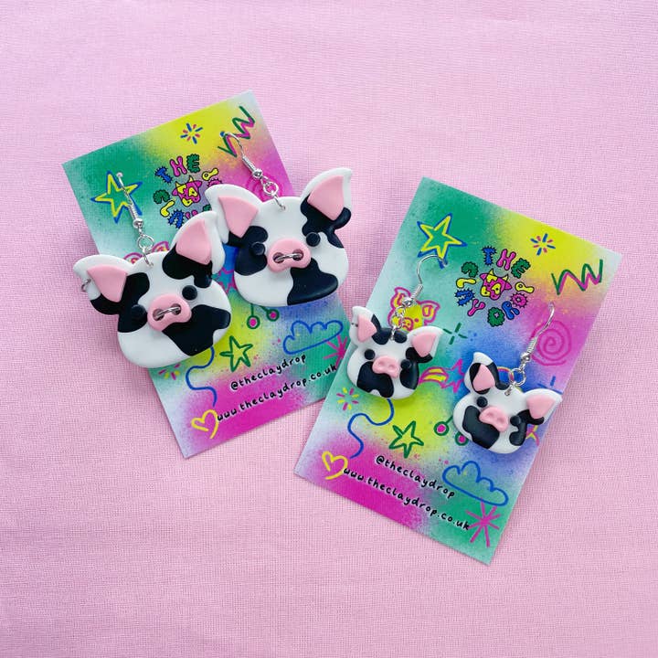 Pendientes de arcilla polimérica de cerdo en blanco y negro - 2 tamaños para venta al por mayor de The Clay Drop