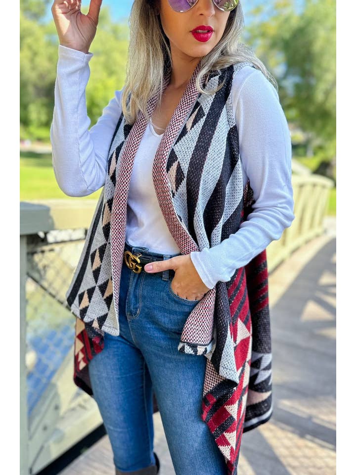 Black Western Aztec Printed Open Front Knitted Cowl Vest for wholesale on Faire4