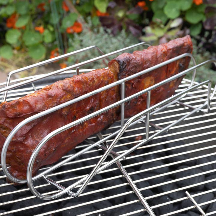 Fox Run Brands - Vente Outil de gril pour l'extérieur - Support à côtes Outset XL en acier inoxydable, 15,75 pouces x 9,25 pouces x 3,5 pouces3