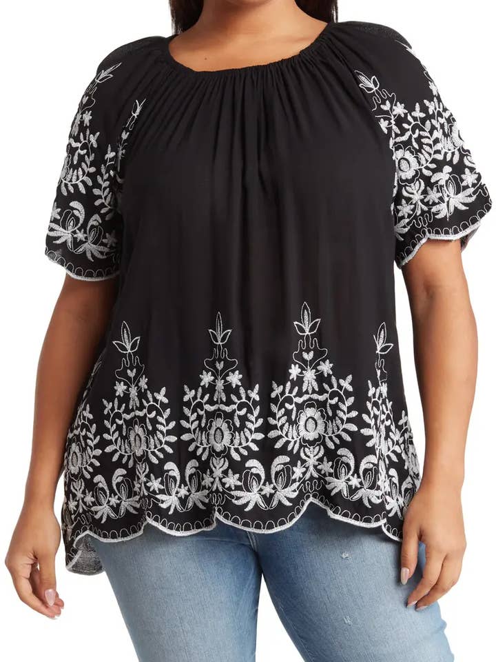 SB1196KX Embroidered Trim Peasant Tunic Top for wholesale by Select Clothing