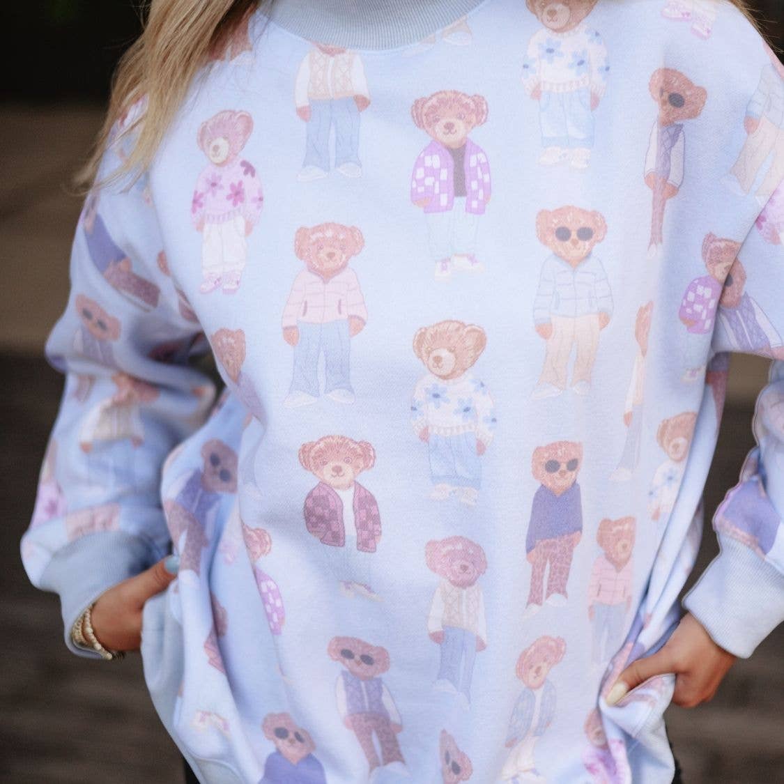 Light Blue Teddy Bears Crewneck Printed Sweatshirt for wholesale on Faire1